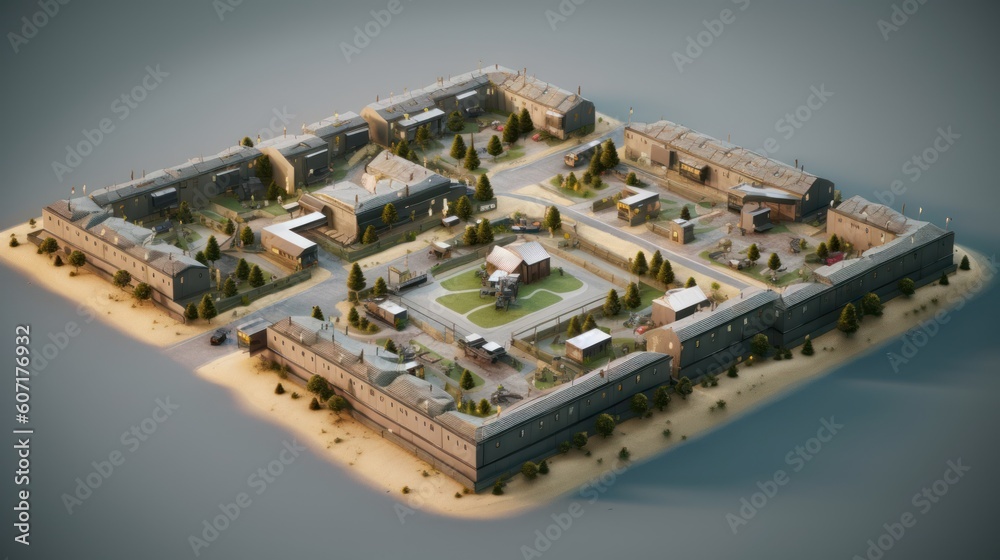 Fortified military base, complete with barracks, command centers, and