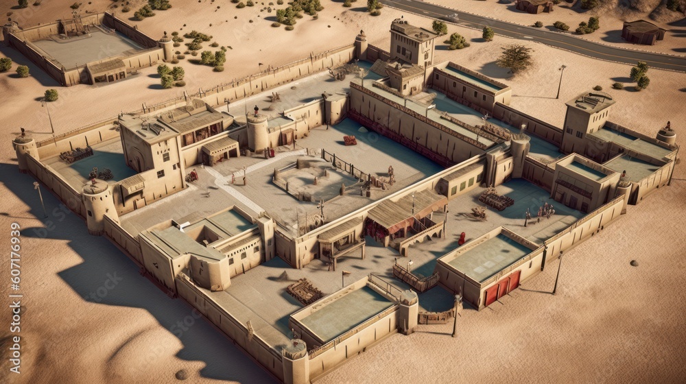 Fortified military base, complete with barracks, command centers, and defensive structures, portraying the organized and strategic nature of military operations Fortified military base, complete with barracks, command centers, and defensive structures, portraying the organized and strategic nature of military operations
