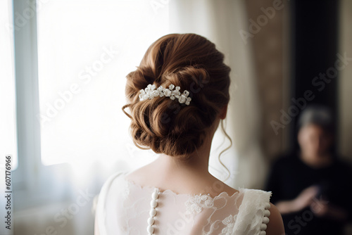 A Brown Hair Bride with Bun and Bridal Hair Clip Stands With Her Back, Wedding Hairstyle of European Women: AI Generated Image