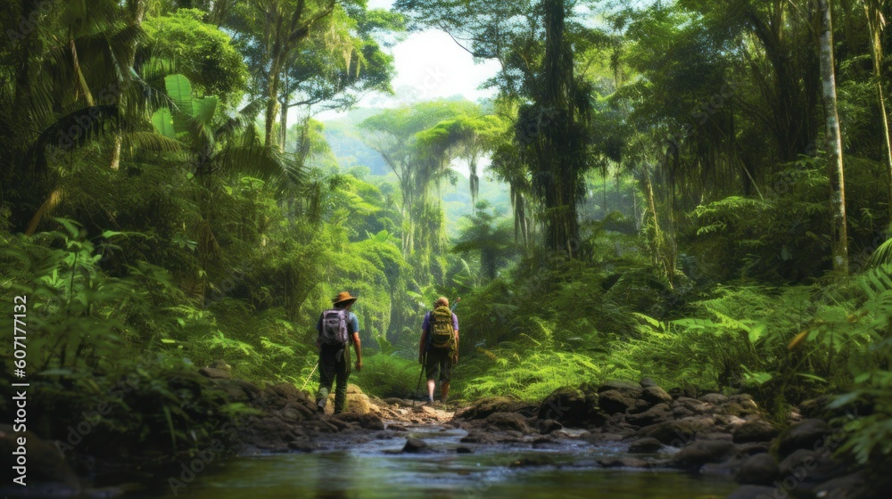 Expedition through a dense and exotic jungle, with explorers traversing treacherous terrain, encountering wildlife, and uncovering ancient civilizations Expedition through a dense and exotic jungle, with explorers traversing treacherous terrain, encountering wildlife, and uncovering ancient civilizations