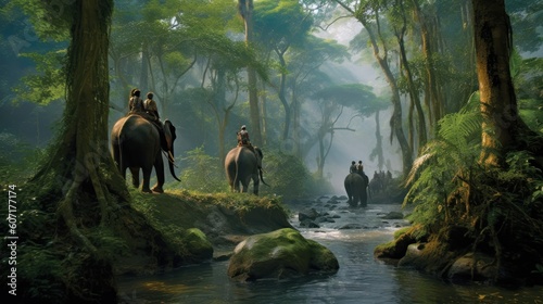 Expedition through a dense and exotic jungle, with explorers traversing treacherous terrain, encountering wildlife, and uncovering ancient civilizations