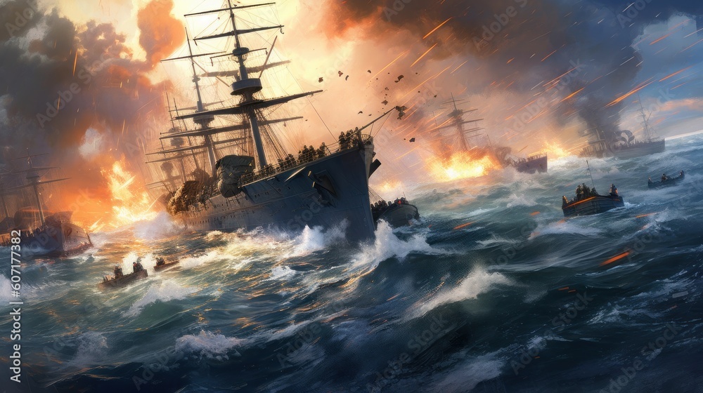 Intense naval battle scene between rival pirate ships, with cannons firing, sails billowing, and pirates swinging from ropes in a clash for supremacy