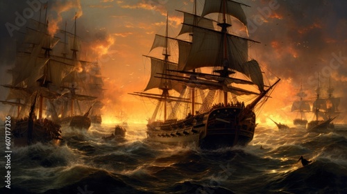 Intense naval battle scene between rival pirate ships, with cannons firing, sails billowing, and pirates swinging from ropes in a clash for supremacy