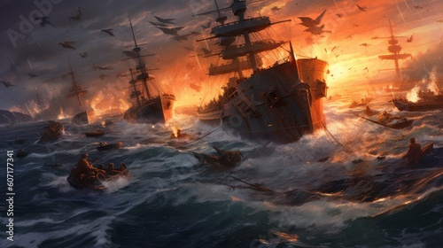 Intense naval battle scene between rival pirate ships, with cannons firing, sails billowing, and pirates swinging from ropes in a clash for supremacy