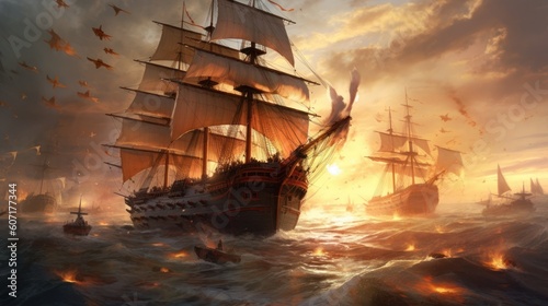 Intense naval battle scene between rival pirate ships, with cannons firing, sails billowing, and pirates swinging from ropes in a clash for supremacy