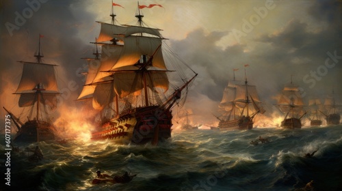 Wallpaper Mural Intense naval battle scene between rival pirate ships, with cannons firing, sails billowing, and pirates swinging from ropes in a clash for supremacy Torontodigital.ca