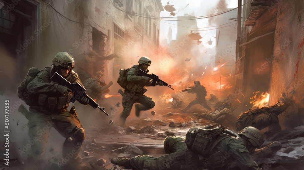 Fototapeta premium Depict an intense infantry assault scene, with soldiers advancing through a war - torn urban environment, facing enemy resistance, and utilizing cover and teamwork