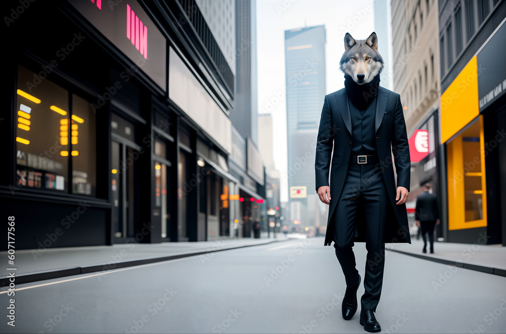 A wolf dressed in a business suit on a man's body against the background of the streets of a big city with skyscrapers. Concept of successful confident businessman. Generative AI. A wolf dressed in a business suit on a man's body against the background of the streets of a big city with skyscrapers. Concept of successful confident businessman. Generative AI.