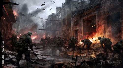 Depict an intense infantry assault scene  with soldiers advancing through a war - torn urban environment  facing enemy resistance  and utilizing cover and teamwork