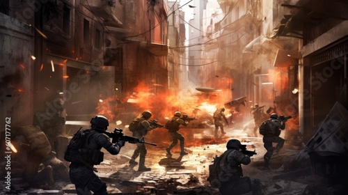 Depict an intense infantry assault scene, with soldiers advancing through a war - torn urban environment, facing enemy resistance, and utilizing cover and teamwork © Damian Sobczyk