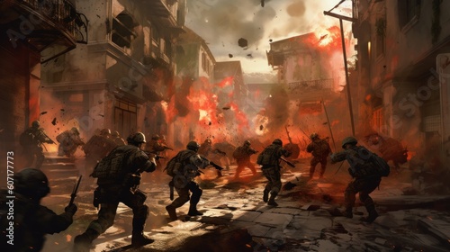 Depict an intense infantry assault scene, with soldiers advancing through a war - torn urban environment, facing enemy resistance, and utilizing cover and teamwork © Damian Sobczyk