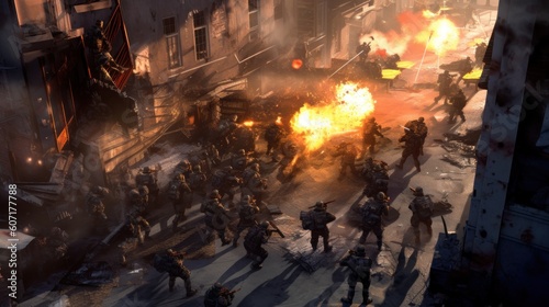 Depict an intense infantry assault scene  with soldiers advancing through a war - torn urban environment  facing enemy resistance  and utilizing cover and teamwork
