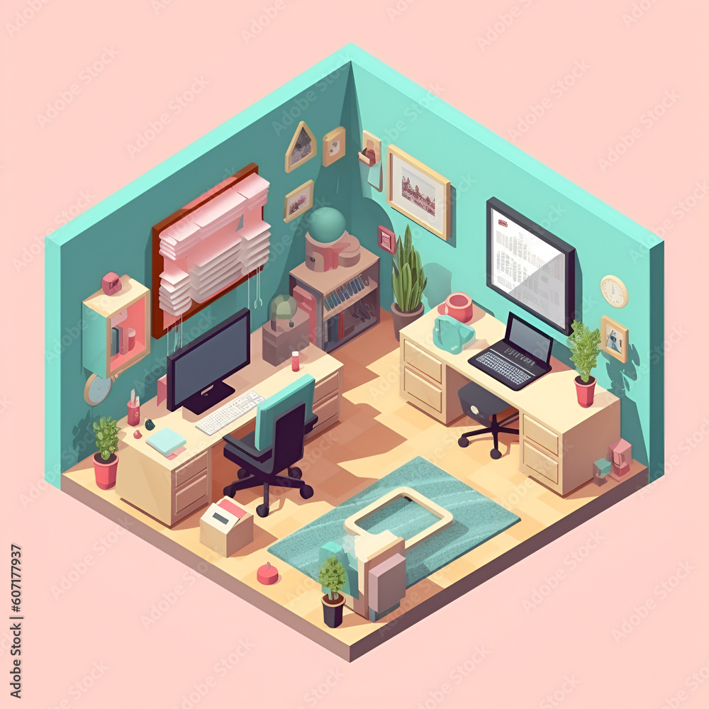 3D Isometric interior home office room cute set design isometric 3D Isometric interior home office room cute set design isometric