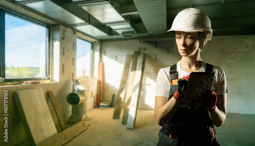 Woman builder. Girl at cons...