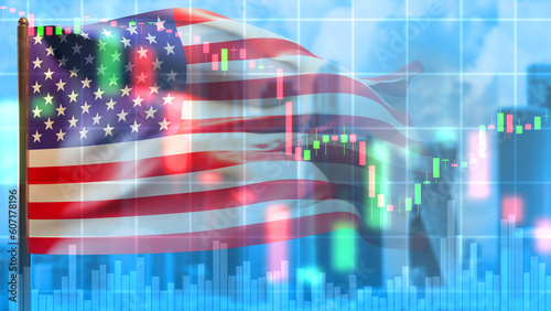 USA flag. Flag of America with fluctuating graph. Financial crisis quotes. Fall of USA economy. Crisis of financial system in united states. Falling US federal reserve rate. USA economy. 3d image photo