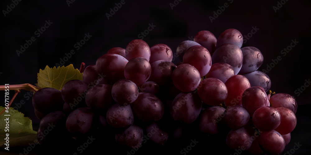 Grape Cluster, Wide Aspect Ratio, Blank Purple Background, Studio Product Photography