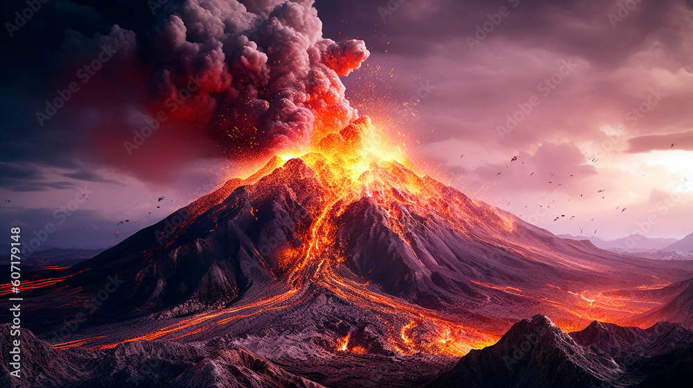 the active phase of the volcanic eruption, the top is covered with red-hot lava flowing down. gas and dust rise into the sky. Generative Ai.  - obrazy, fototapety, plakaty 