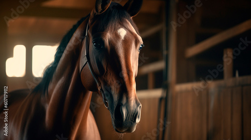 horse head portrait in stable. Generative Ai.  © PETR BABKIN
