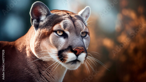 Puma in profile on a blurred background close-up. Generative Ai. 