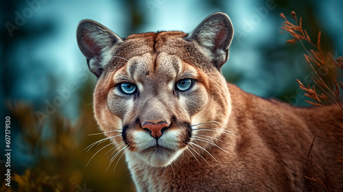 puma walks in the forest, looks at the camera, close-up. Generative Ai.    © PETR BABKIN