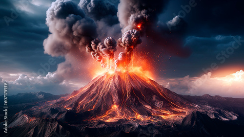a strong volcanic eruption with the release of an incandescent lava column of gaseous smoke dust into the sky to a great height. Generative Ai. 
