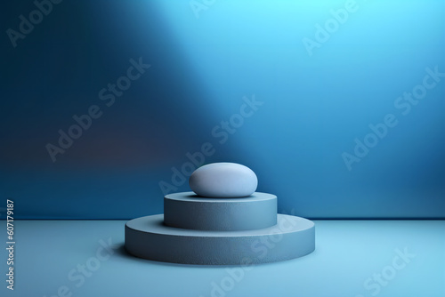 A beautiful masonry stone on a podium with a soothing and calm blue background. AI-generated.