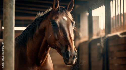 horse portrait in the stable. Generative Ai.  © PETR BABKIN