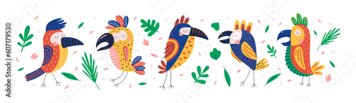 Set of cute cartoon parrots, vector illustration. Funny wild jungle bird. Ideal for children`s textiles, postcards, books, decorating children`s rooms.