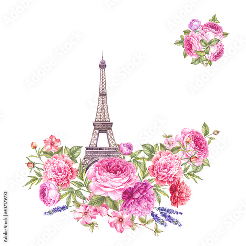 Wallpaper Mural Eiffel Tower spring watercolor illustration. Flowers and Paris. Torontodigital.ca