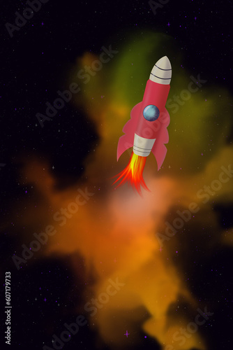 Fototapeta Naklejka Na Ścianę i Meble -  Rocket in space. Fantastic red cartoon rocket with bursting fire against an orange cloud of nebulas in outer space. Illustration of the flight of a spaceship in endless mesmerizing space.