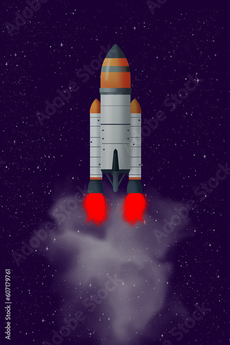 Fototapeta Naklejka Na Ścianę i Meble -  Cartoon rocker launch. Illustration of spaceship with fire from turbines against the background of a gas cloud in space.