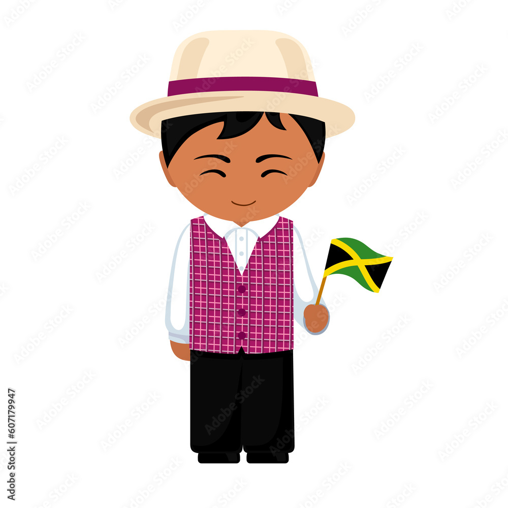 Obraz premium Man in national costume. Male cartoon character in traditional ethnic clothes holding flag. Flat isolated illustration.