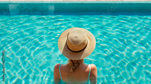 Woman in a hat by the pool looks at the water, back view. Generative Ai. 