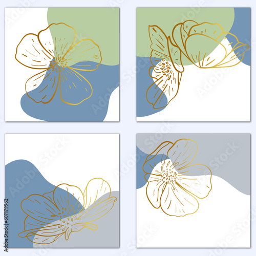 Set of abstract botanical wall art vector illustration. Collection of natural flowers and organic shapes on spoty background. Design suitable for wallpaper, home decor, cover, card, poster, banner. photo