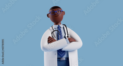 3d render, cartoon character smart confident trustworthy african doctor wears glasses and looks at camera. Proud professional male specialist. Medical clip art isolated on blue background photo