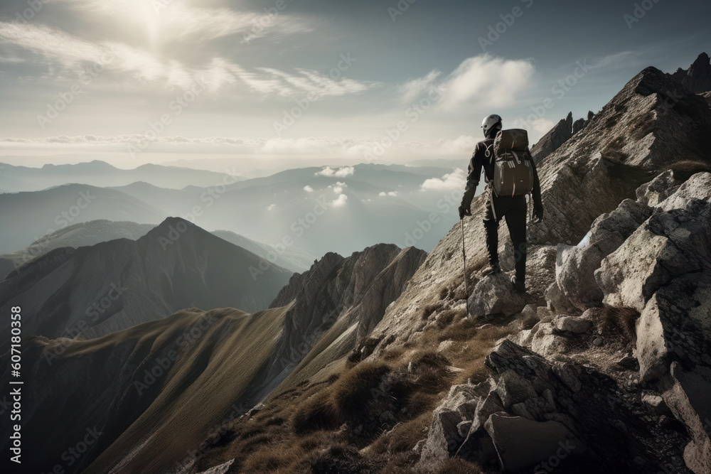 Experience the freedom and beauty of nature with this man enjoying the breathtaking view from a mountaintop. AI Generative.