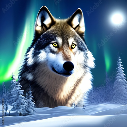 North Pole Wolf portrait, northern lights in background - generative ai