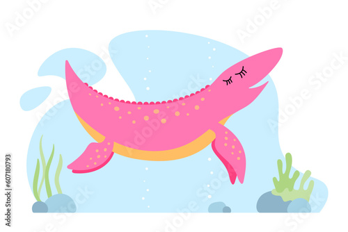 Cute pink dino. Kind smiling ichthyosaur dinosaur character. Cartoon large extinct marine reptile graphic design print banner. Creative girlish ichthyosaurus. Swimming aquatic wildlife creature. Eps