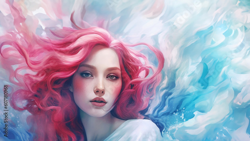 Mythical elemental princess of fiery fire  nature spirit with glowing summer sun skin and rosy cheeks  beautiful flowing red ethereal hair - generative AI