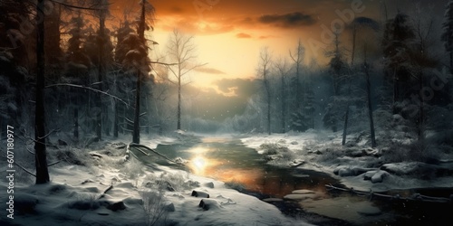 Winter luminous trails through snowy forest, generative AI
