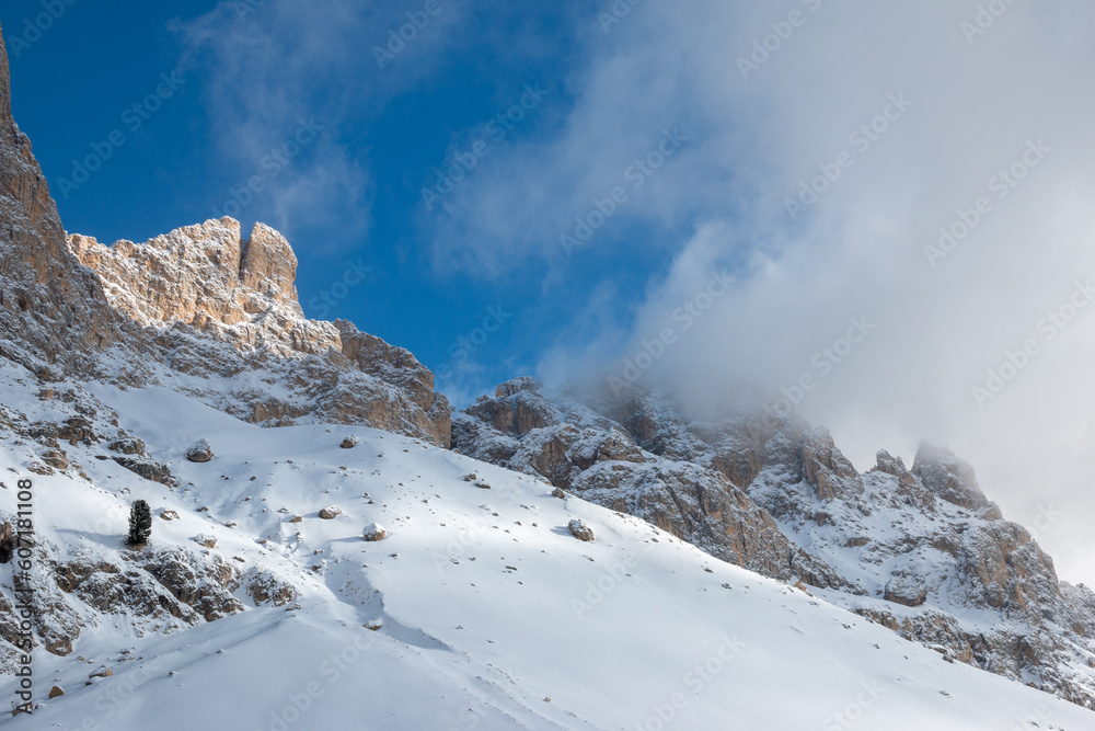 Mountain around the winter trail to Rifugio Vajolet from Vigo di Fassa, Dolomites, Italy