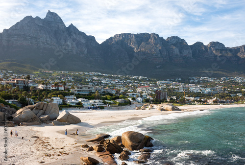 The view of Glen Beach and Camps Bay Beach with Table Mountain in the background in the morning, Cape Town, South Africa