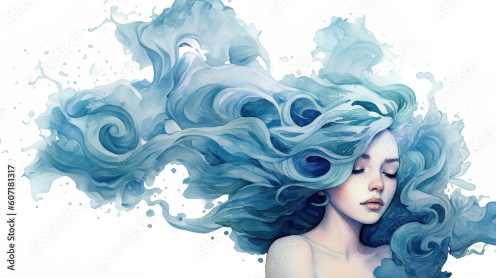 Mythical elemental princess of air and water, nature spirit with pale white winter skin and rosy cheeks, beautiful flowing blue ethereal hair - generative AI Mythical elemental princess of air and water, nature spirit with pale white winter skin and rosy cheeks, beautiful flowing blue ethereal hair - generative AI