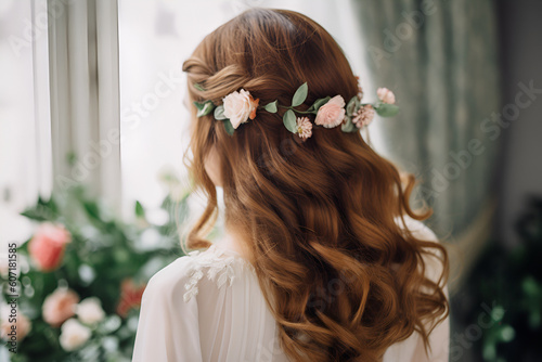 A Brown Wavy Hair Bride with Flower Crown Stands With Her Back, Wedding Hairstyle of European Women: AI Generated Image