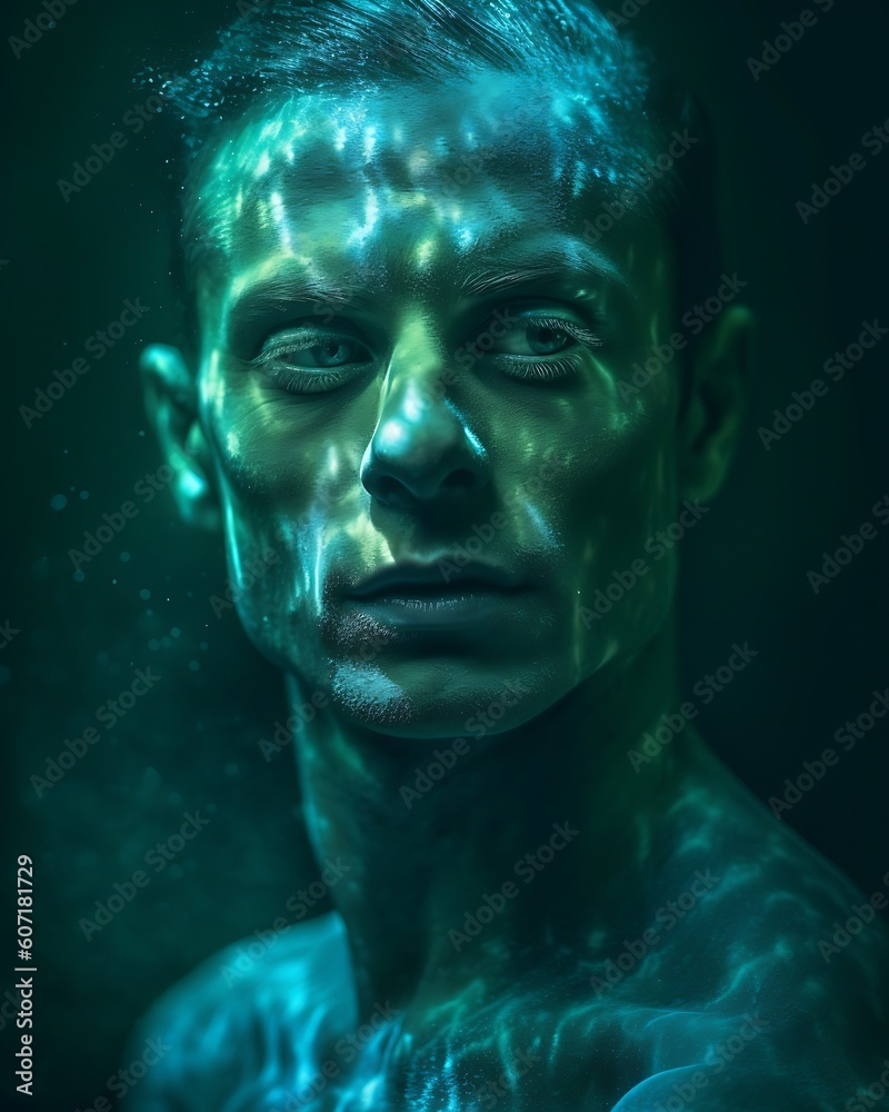 A mans face painted with bioluminescent pigment, portrait of a person
A mans face painted with bioluminescent pigment, portrait of a person
