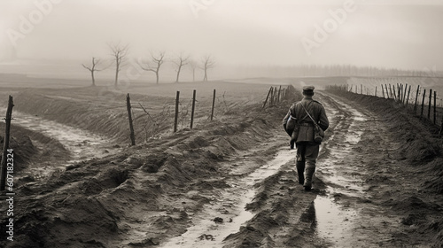 A defeated Polish soldier walking home down a lonely dirt road during WW2 photo