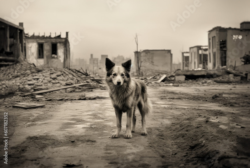 A stray dog wandering the streets of a war-torn Polish city during WW2