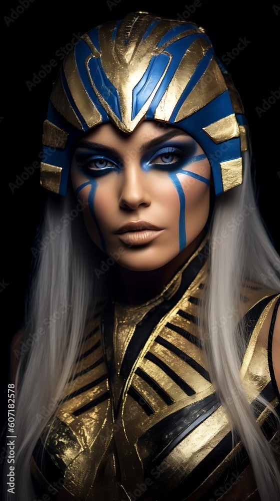 Papier peint photo avec Blue and gold face paint on a woman, portrait of a woman with mask #607182578