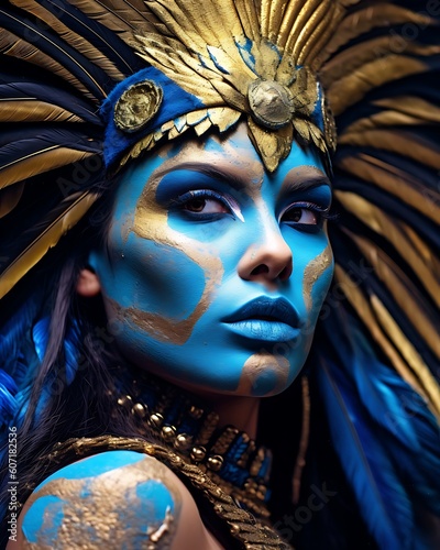 Venetian carnival mask, blue and gold face paint on a woman