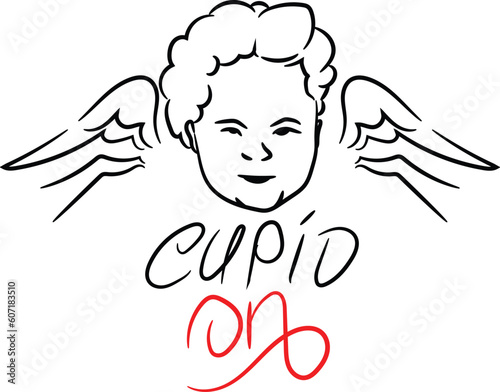 Image of Cupid angel with wings in tattoo style and inscription Cupid on, vector hand drawing, stock. Symbol, infographic, icon for web